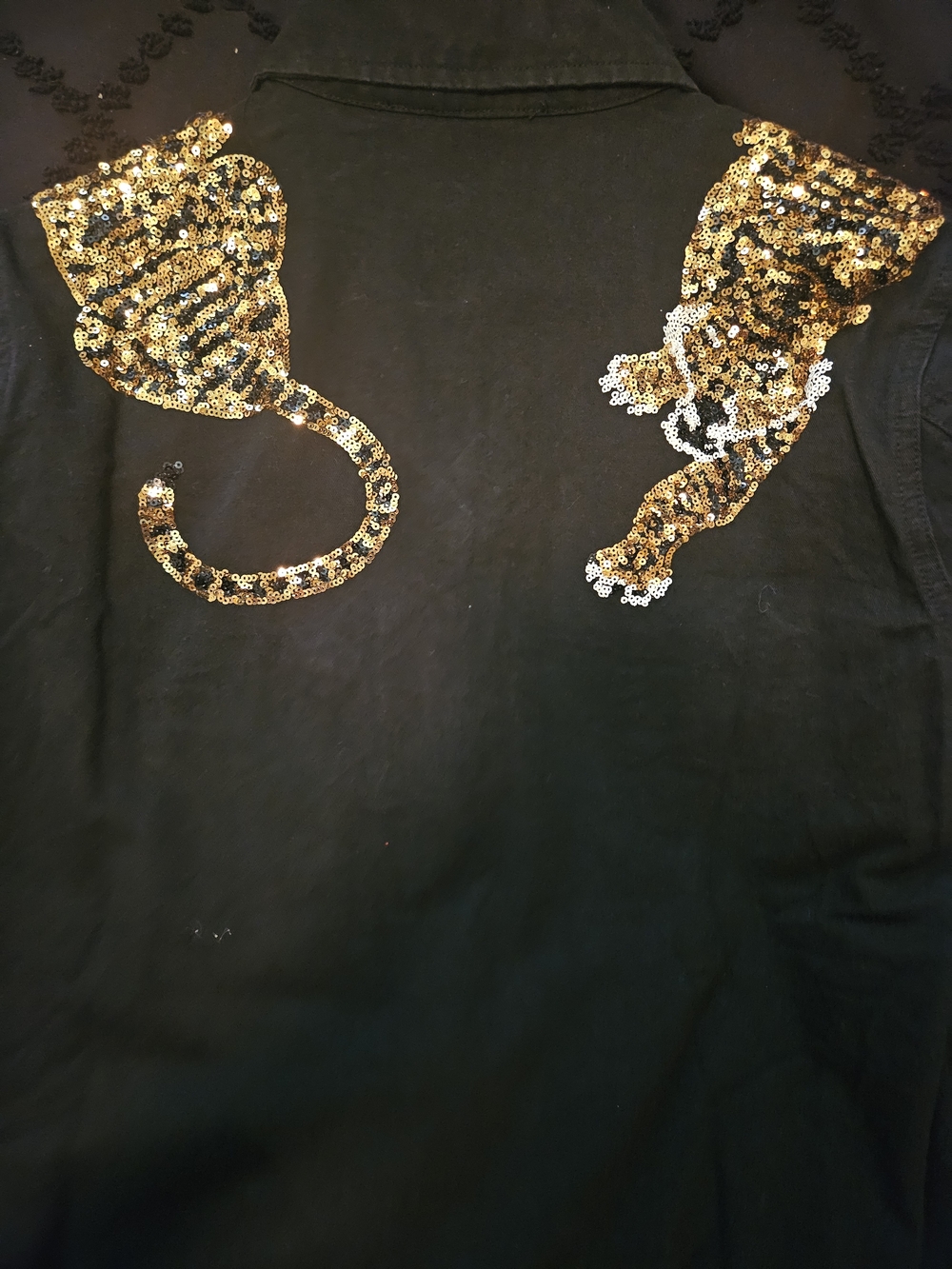Women's Black Jean Jacket with Gold Sequin Tiger Accent - Picture 6 of 7